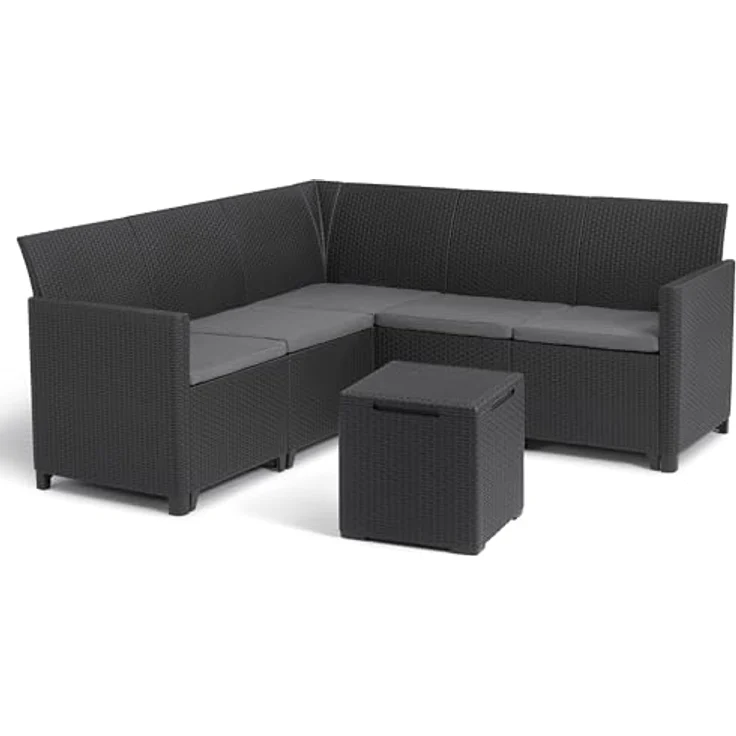 Keter Nora - Ecksofa für Garten oder Terrasse, 5-Sitzer, mit Kissen und Beistelltisch mit 35 l Stauraum, Farbe Graphit – Bild 2