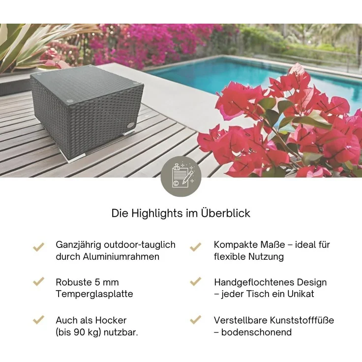 RS Trade® 'Toscana' Polyrattan Beistelltisch mit verstärktem Alu-Gerüst und Temperglas Tischplatte, mit Spannbändern und höhenverstellbaren Standfüßen, schwarz – Bild 5