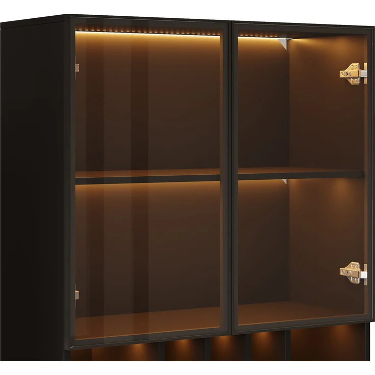 ZUBALIYA LED-Beleuchteter Glasvitrinenschrank, Küchenhochschrank 80×30×180 cm – Gehärtetes Glas, mit offenen Regalen, Platz für Flaschen und Geschirr, 2 Türen. Vielseitig geeignet für Wohnzimmer und Esszimmer – Bild 9