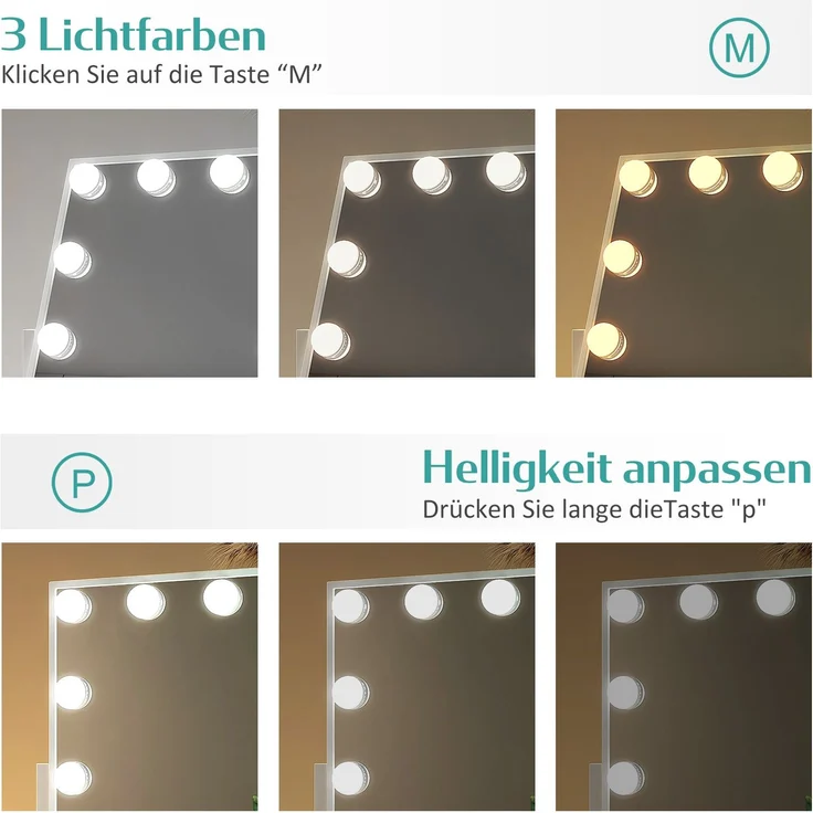 EMKE Hollywood Spiegel Schminkspiegel mit Beleuchtung 9 Dimmbaren LED-Leuchtmitteln 360° Drehbar Kosmetikspiegel mit 3 Lichtfarben 7× Vergrößerung Touch-Steurung,Weiß,25×30cm – Bild 2