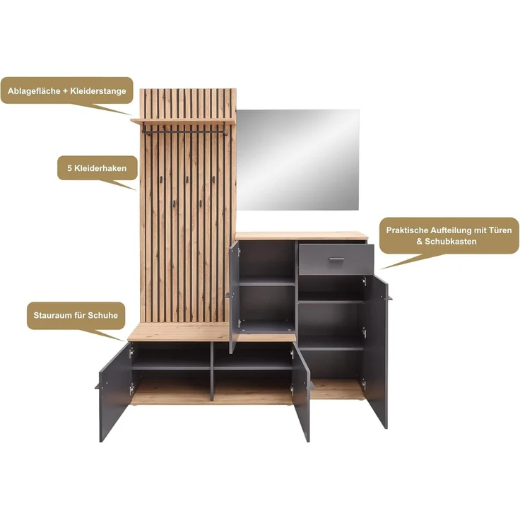 moebel-dich-auf Garderoben-Set COMO, (Paneel + Schuhschrank + Spiegel, in anthrazit oder weiß / Artisan Eiche Nb), 148 cm breit – Bild 3