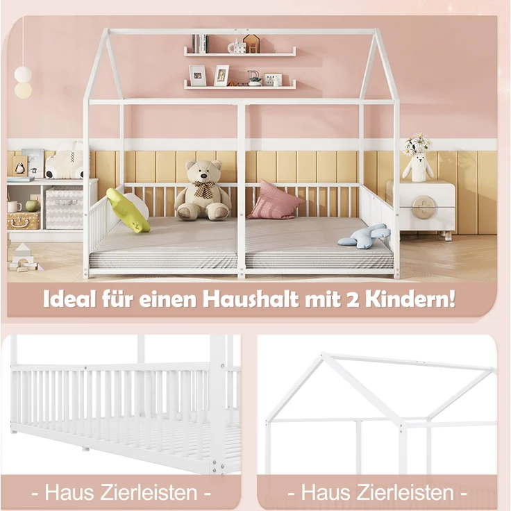 Hausbett Kinder Etagenbett 90x200cm Metallbett mit Geländer und Leiter,Zwillingsbett Doppelbett für Kinderzimmer, stabiler Metallrahmen,Weiß – Bild 6