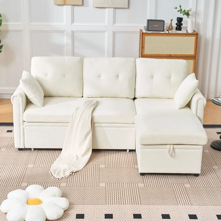 Ecksofa Schlafsofa, mit Bettkasten Schlaffunktion Stauraum beidseitig montierbar L-Form für Wohnzimmer oder Gästezimmer, Samt, Beige, — – Bild 4