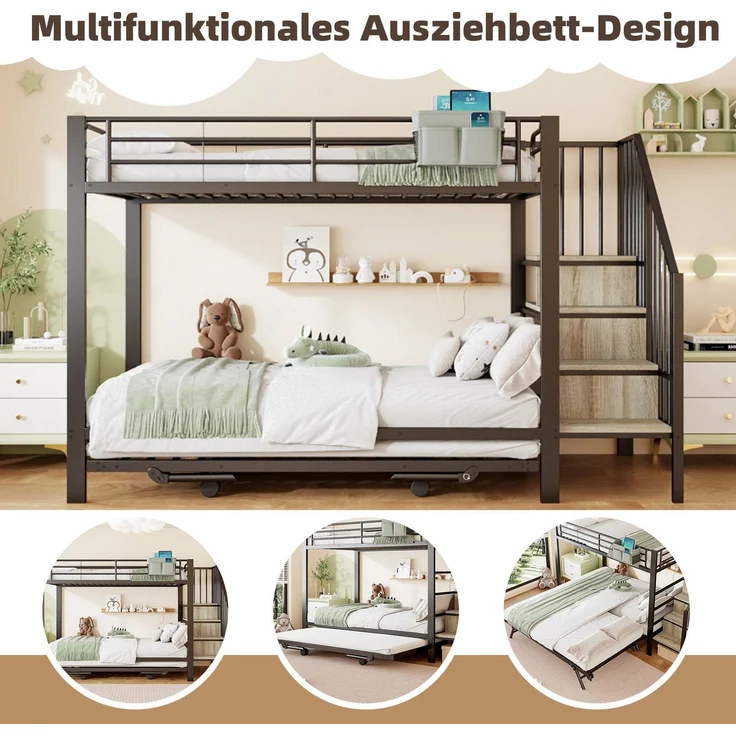 Etagenbett, 90x200cm/180x200cm, untere Liegefläche erweiterbar, Treppe mit Regal, Kinderbett mit Rausfallschutz, Metallbett – Bild 5