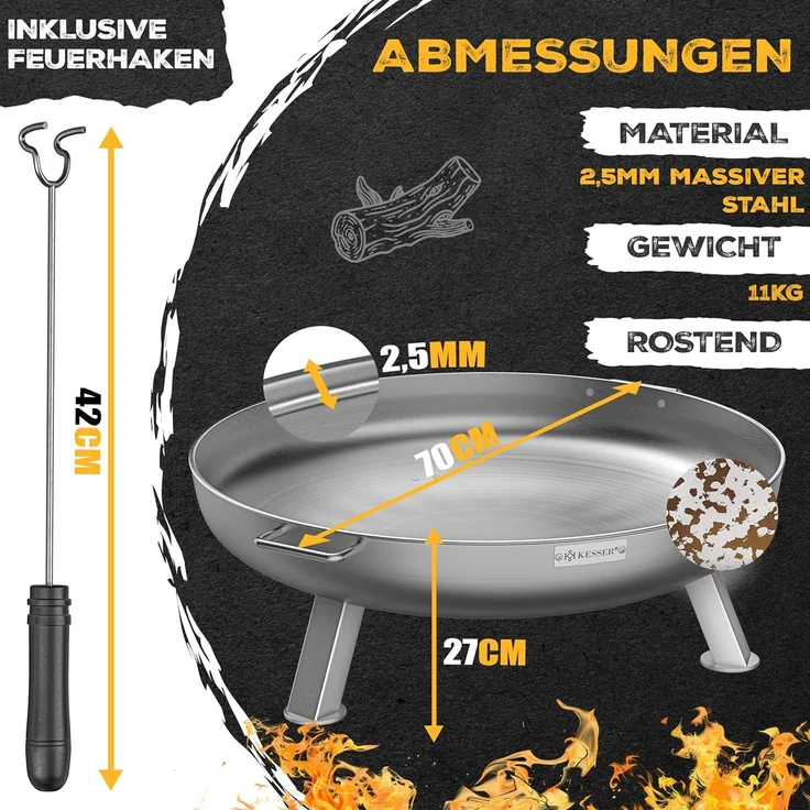 KESSER® Feuerschale mit 2,5 mm Stahldicke Feuerkorb aus Edelstahl / Stahl inklusive 42cm Feuerhaken aus Gusseisen, Wasserablauf & 2 stabile Griffe für Holz & Kohle Feuerstelle für Garten & Terrasse Ø 70 cm, Legierter Stahl – Bild 3