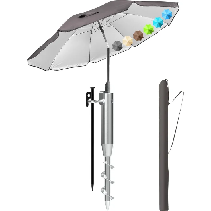 Menz Sonnenschirm Strand 3-in-1 Set Ø180 cm Taupe - Strandschirm windfest stabil mit UV50+ Sonnenschutz, Eindrehbodenhülse Sonnenschirm & Schutzhülle – höhenverstellbar & neigbar