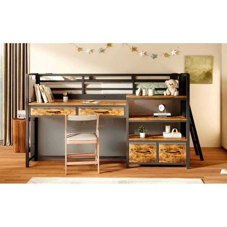 ZUBALIYA Hochbett 90x200 cm mit Schreibtisch, Stauraum und Stoffschubladen, Kinderbett aus Metall mit Vorhang, mehrschichtigem Regal und LED-Licht, Schwarz – Bild 10