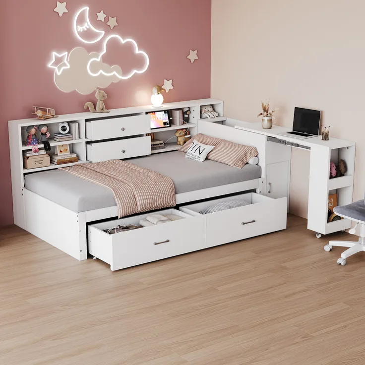 Holzschlafsofa, multifunktionaler Stauraum, verdeckte Staufächer und Regale, 2 große Schubladen, Steckdose, ausziehbarer Schreibtisch, Einzelbett, Jugendbett, Holzbett, Holz, Weiß, 90×200 cm