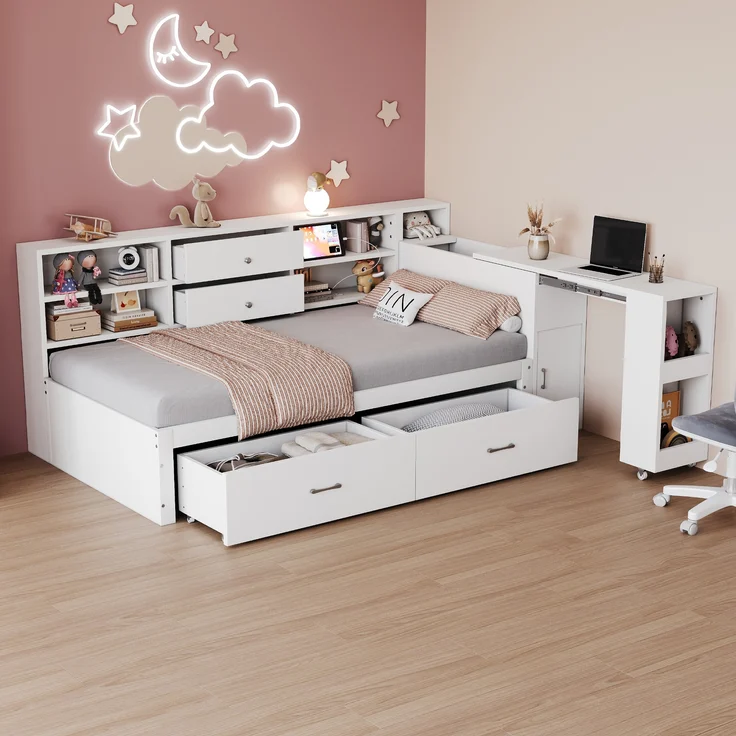 Holzschlafsofa, multifunktionaler Stauraum, verdeckte Staufächer und Regale, 2 große Schubladen, Steckdose, ausziehbarer Schreibtisch, Einzelbett, Jugendbett, Holzbett, Holz, Weiß, 90×200 cm – Bild 1