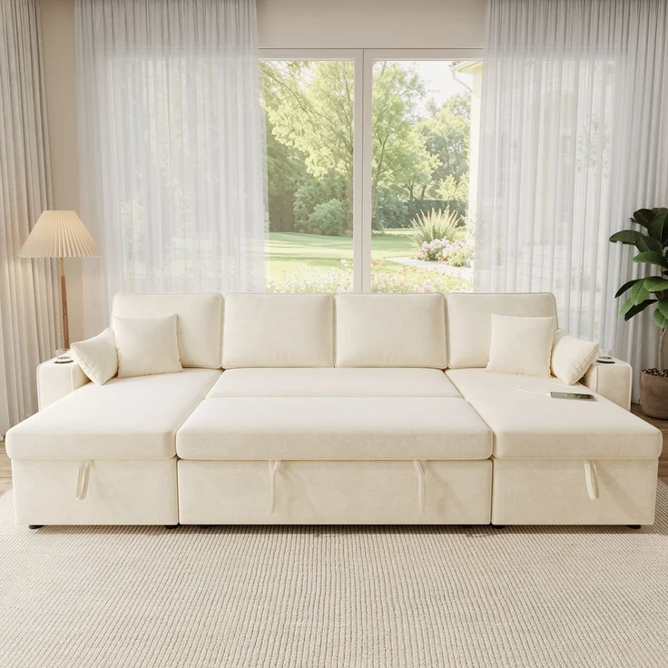 Merax U‑förmiges Ecksofa mit Schlaffunktion, ausziehbares Schlafsofa, integrierter Stauraum, doppelte Chaiselongue mit verstecktem Stauraum, Becherhalter, USB‑Ladeanschluss und Armlehnen‑Ablage, Beige – Bild 3