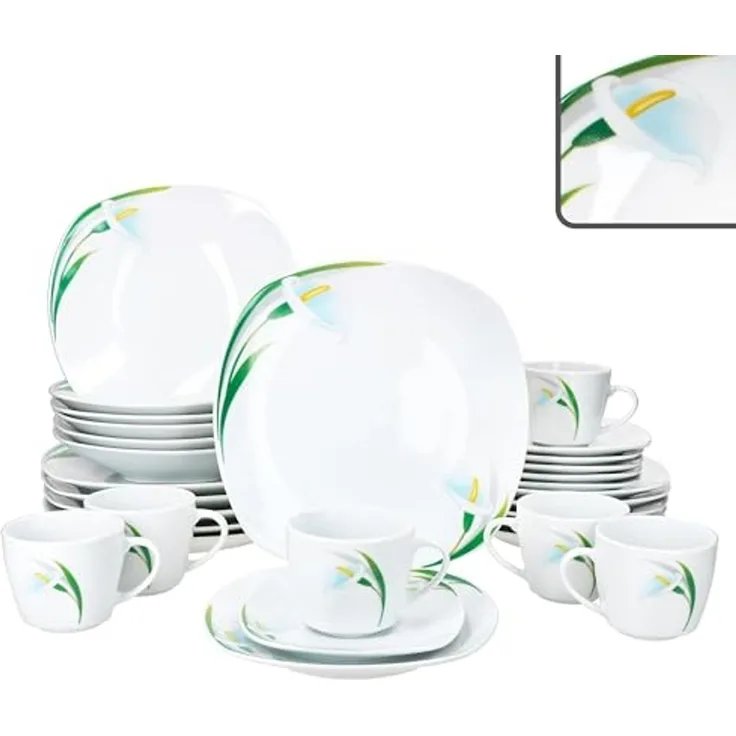 MamboCat Kombiservice 30tlg Kombiservice White Calla Porzellan 6 Pers Tassen Teller Blumen, Porzellan