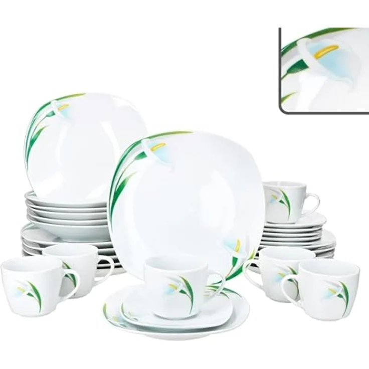 MamboCat Kombiservice 30tlg Kombiservice White Calla Porzellan 6 Pers Tassen Teller Blumen, Porzellan – Bild 1