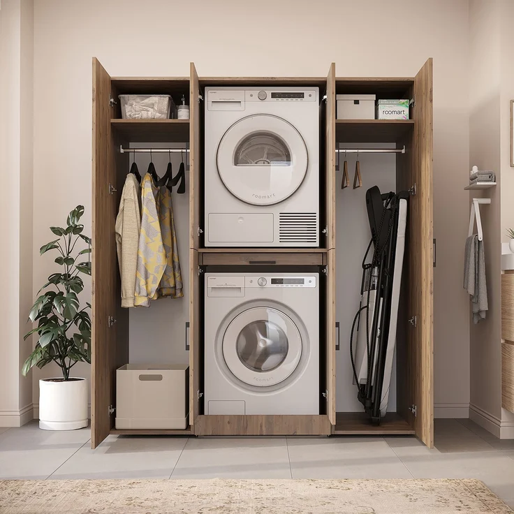 Roomart Waschmaschinenschrank - DORA-I- 160 cm breit - Wasch- & Trocknerschrank mit 2 Hochschränken, Türen & Ausziehbrett, Waschmaschinen-Überbau für Waschküche & Hauswirtschaftsraum • Eiche – Bild 5