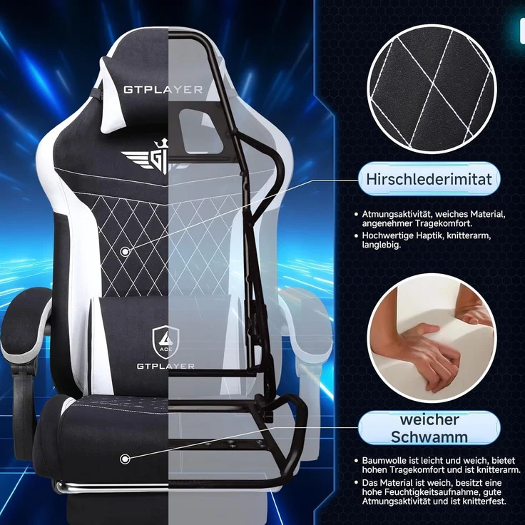 GTPLAYER Gaming-Stuhl Stoff Gaming Chair Ergonomisch Bürostuh PC Stuhl, 150kg Belastbarkeit, Schreibtischstuh mit Federsitzkissen und Fußstütze – Bild 5