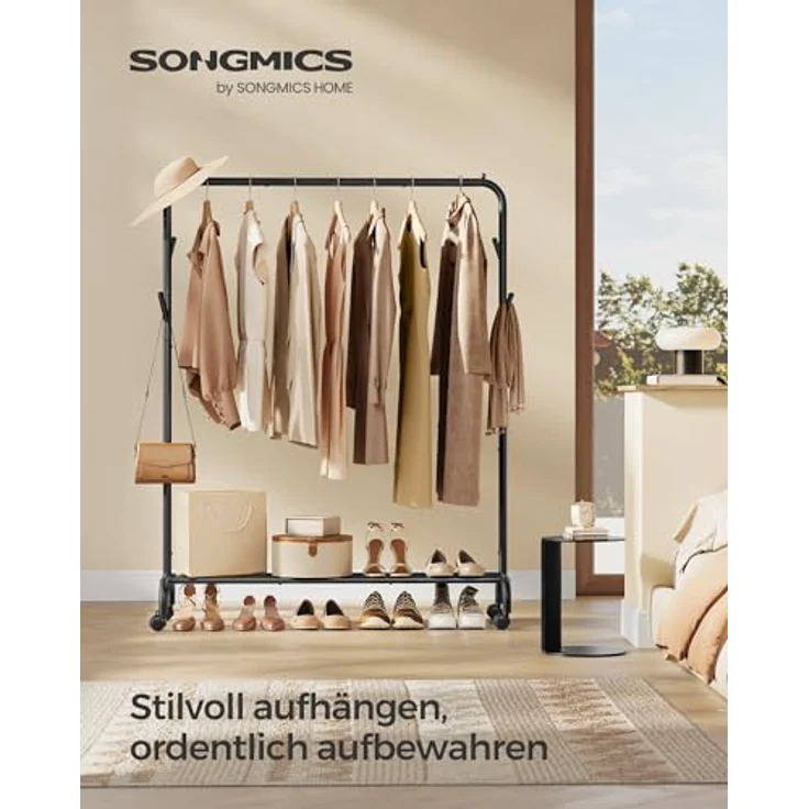 SONGMICS Kleiderständer auf Rollen, Kleiderstange, Garderobenstange, Garderobenständer aus Stahlrohren, 103,5 cm breit, multifunktionale Aufbewahrung, tintenschwarz HSR131B01 – Bild 4