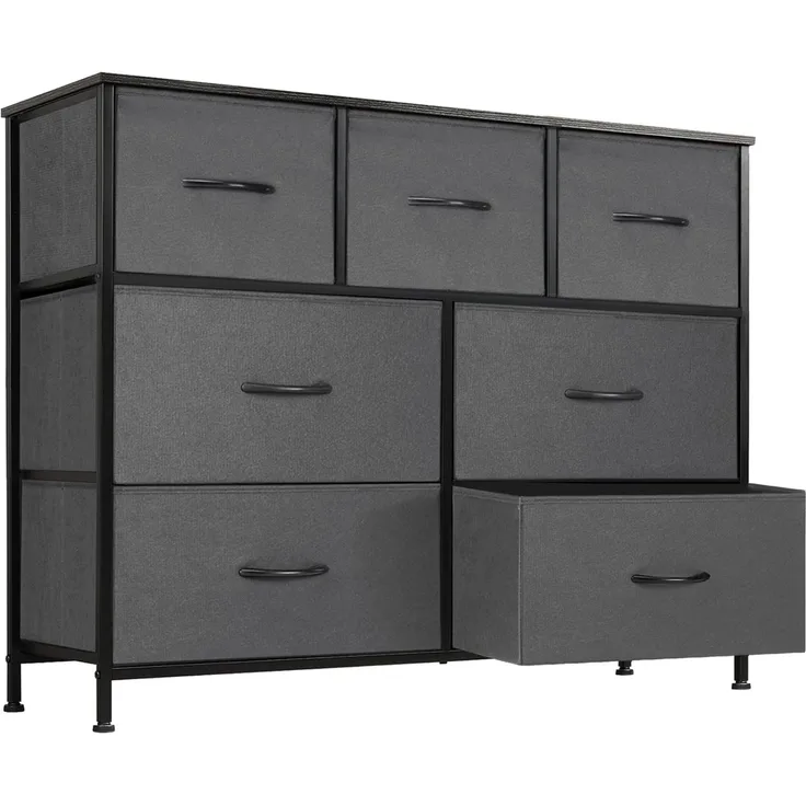 DUMOS Kommode für Schlafzimmer mit 7 Stoffschubladen, hohe Kommode Organizer für Kleidung, Schrank Kinderzimmer, Aufbewahrungsturm mit Schrank, Metallrahmen, Holzplatte, leichte Kinderzimmermöbel