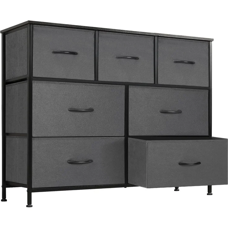DUMOS Kommode für Schlafzimmer mit 7 Stoffschubladen, hohe Kommode Organizer für Kleidung, Schrank Kinderzimmer, Aufbewahrungsturm mit Schrank, Metallrahmen, Holzplatte, leichte Kinderzimmermöbel