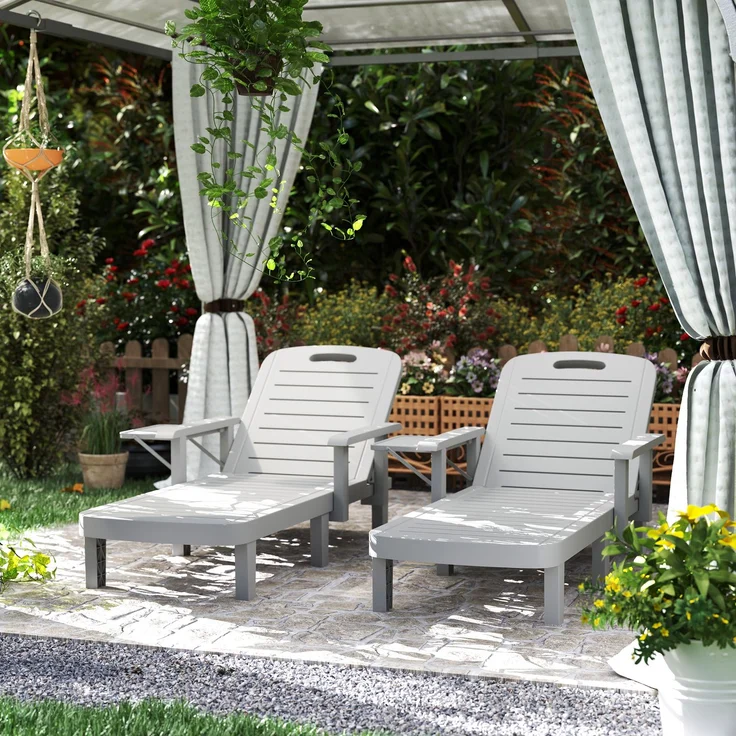 JARDJ Set aus 2 verstellbaren Gartenliegen mit Tisch und Armlehnen, aus Polypropylen, 79 x 158 x 88 cm, Hellgrau – Bild 3