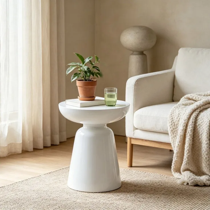 Round Accent Side Table with Bowl Top, Fiberglass with Sticker Finish, Modern Pedestal End Table for Living Room (White)