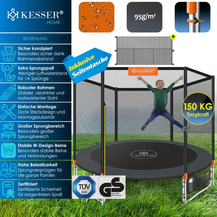KESSER® Trampolin, mit Sicherheitsnetz, Leiter, Randabdeckung, Seitentasche & Zubehör, Belastbarkeit 150 kg, Orange, Ø 366 cm – Bild 2