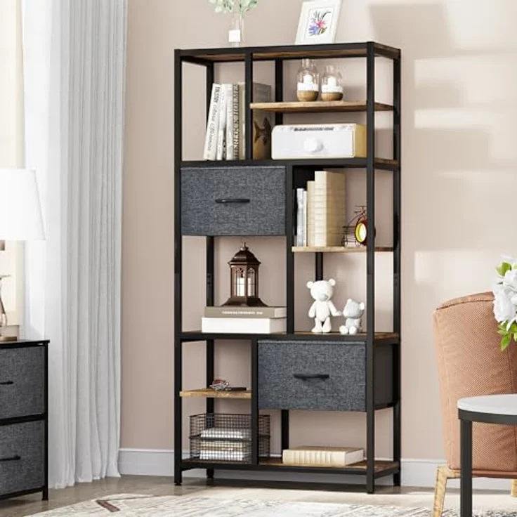 YITAHOME Bücherregal mit Schubladen, 7-stöckiges Standregal mit Stahlrahmen, Bodenstehendes Lagerregal, Industrieregal Aufbewahrungsregal, für Wohnzimmer, Büro, Flur, Küche, Vintagebraun Regal – Bild 4
