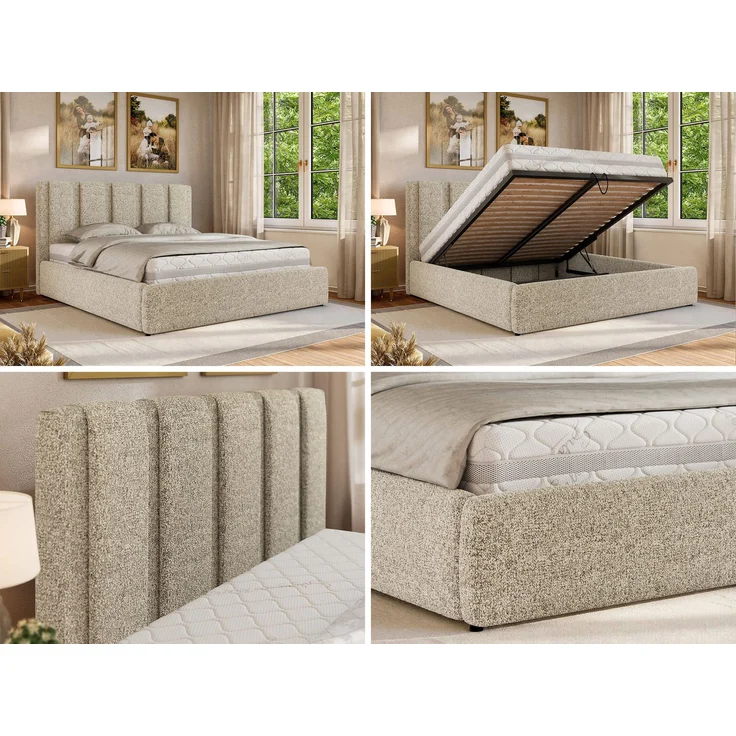 Polsterbett SAVINO CLASSIC mit Bettkasten und Lattenrost Doppelbett 140 x 200 cm mit hohem Kopfteil Stauraumbett Bett mit Gasdruckfeder - Beige Stukture – Bild 2