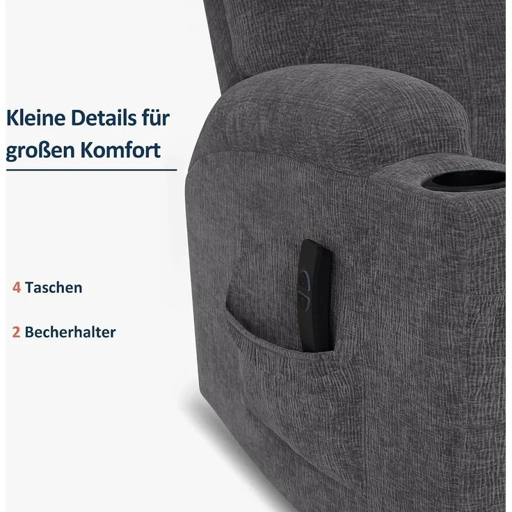 M MCombo Elektrisch Relaxsessel Massagesessel Fernsehsessel Liegefunktion Vibration Heizung 7061 neues Modell (Grau-Chenille) – Bild 6