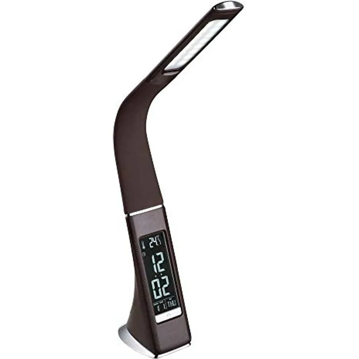LED Tischlampe, braun, Touchdimmer, Uhr, Wecker, Flexo Spot