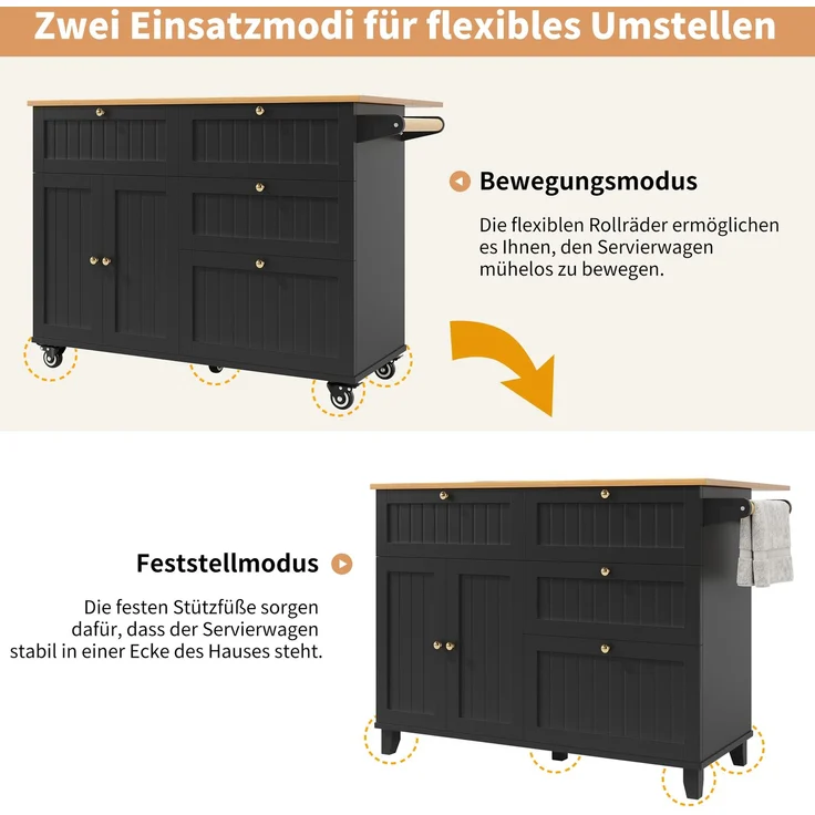 Abrihome Küchenwagen mit Stauraum und Rollen, Schwarz, 88x70x133 cm – Bild 6