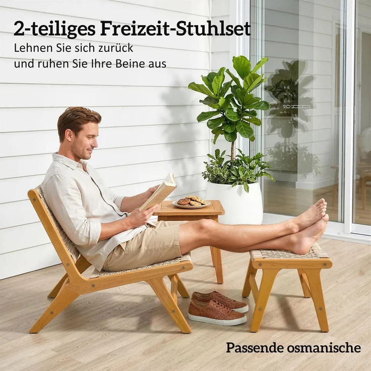 MELAYR, Gartensessel mit Hocker 2-teilig FSC Akazienholz Outdoor Loungesessel mit Rattan-Sitz, 83 x 60 x 73.5 cm, Beige – Bild 6