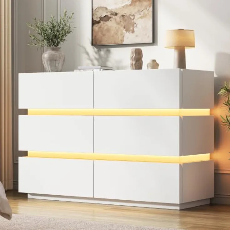 Jocoevol Kommode mit LED-Lichtstreifen, Schubladenschrank mit 6 Schubladen | Moderner Sideboards Wohnzimmer mit Kippsicherung, Verstellbare LED-Leuchten für Wohnzimmer Schlafzimmer, 120x78x38cm, Weiß