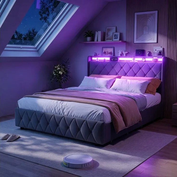 PXloue Polsterbett Led Doppelbett (1-tlg, Modernes Jugendbett, Leises Design Bett, Samtmaterial Polsterbett), Mit LED-Beleuchtung und Ladefunktion, Belastbarkeit 300 kg