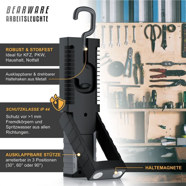 BEARWARE LED Arbeitsleuchte Werkstattlampe, Taschenlampe, Handlampe, batteriebetrieben, 200 Lumen, Ein-/Ausschalter, LED fest verbaut, Kaltweiß, mit Seiten LED, Stütze, Haken & Magnetfuß, für KFZ Haushalt Werkstatt – Bild 4