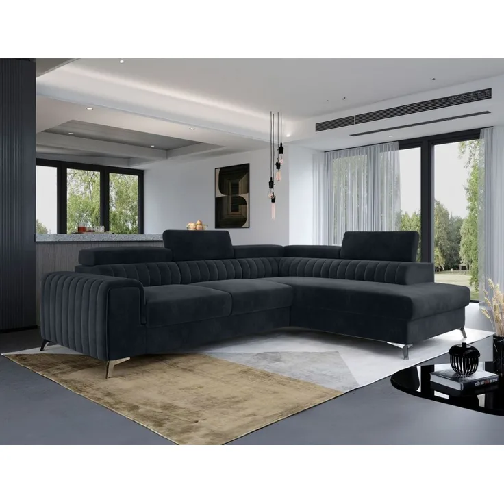 Ecksofa mit Schlaffunktion Sofa ELENI Stoff Paros Dunkelgrau Ottomane Rechts