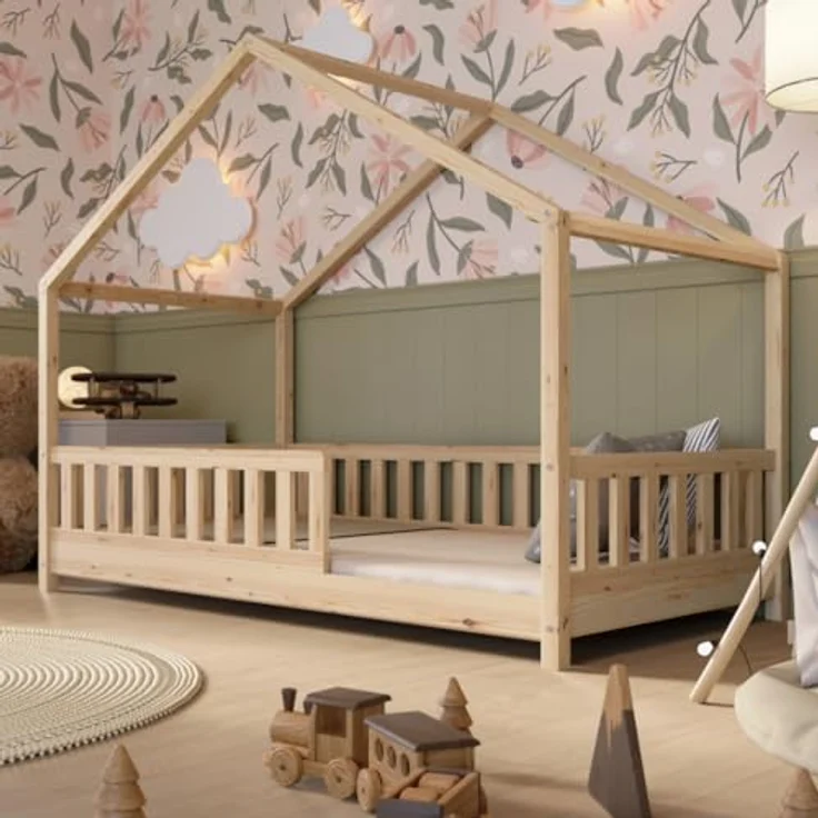 Crazy Pine 'Crazy House' Hausbett mit abnehmbaren Rausfallschutz, Naturholz, Natur, 90x200 cm, mit Höhenverstellbaren Beinen – Bild 2