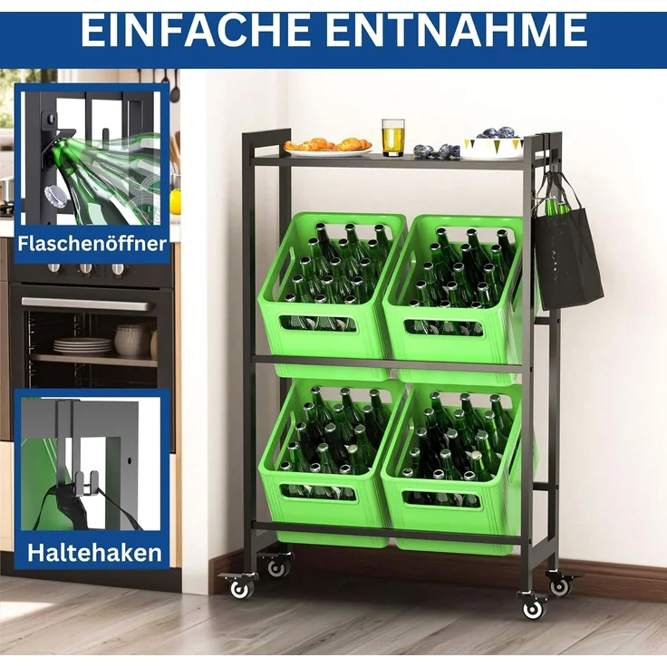 DanDiBo Getränkekistenregal 4 Kisten mit Ablagefläche Rollen Haken Metall Schwarz 96651 Getränkeregal Kistenregal Getränke Regal – Bild 3