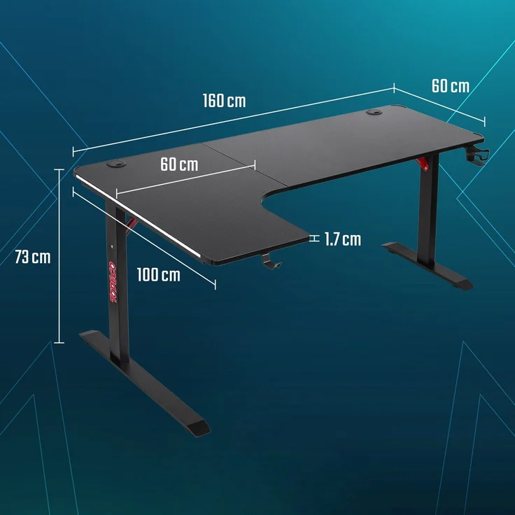 Todeco L-förmiger Gaming-Computertisch mit LED-Leuchten, Eckschreibtisch 160 x 100cm Gaming Schreibtisch, PC Tisch Gaming mit Kohlefaseroberfläche, mit Kopfhörerhaken Getränkehalter – Bild 7