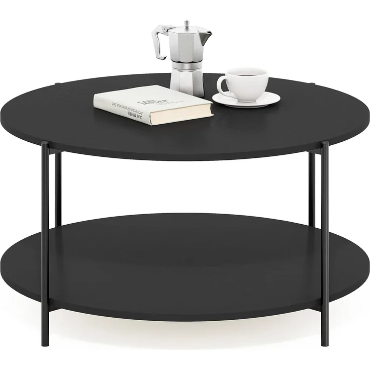 Furinno BESI Couchtisch, runder 2-Ebenen-Couchtisch mit Stauraum, Ablage und Metallbeinen, für Wohnzimmer, Dunkles Americano