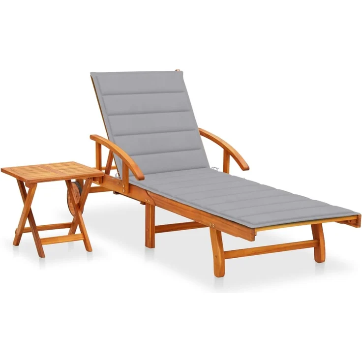 Sonnenliege, Gartenliege mit Tisch und Auflage Akazie Massivholz – Bild 1