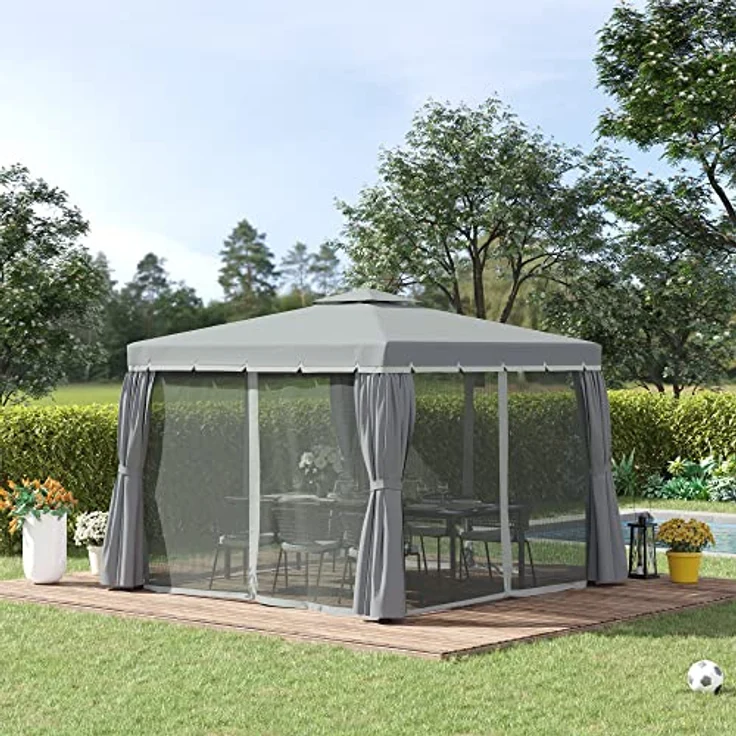Outsunny Gartenpavillon 2,96 x 2,96 m, wetterfestes Festzelt mit Doppeldach, 4 Seitenteilen und Moskitonetz, dunkelgrau – Bild 2