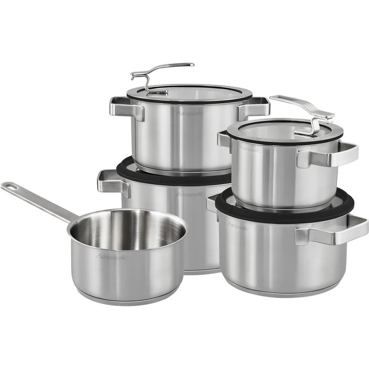 Hanseatic Topf-Set STYLE, Edelstahl 18/10 (Set, 9-tlg, Fleischtopf 1x 16 cm / 2x 20 cm / 1x 24 cm, Stielkasserolle 16 cm), Deckel mit praktischer Aufhänge-Funktion, Induktion – Bild 1