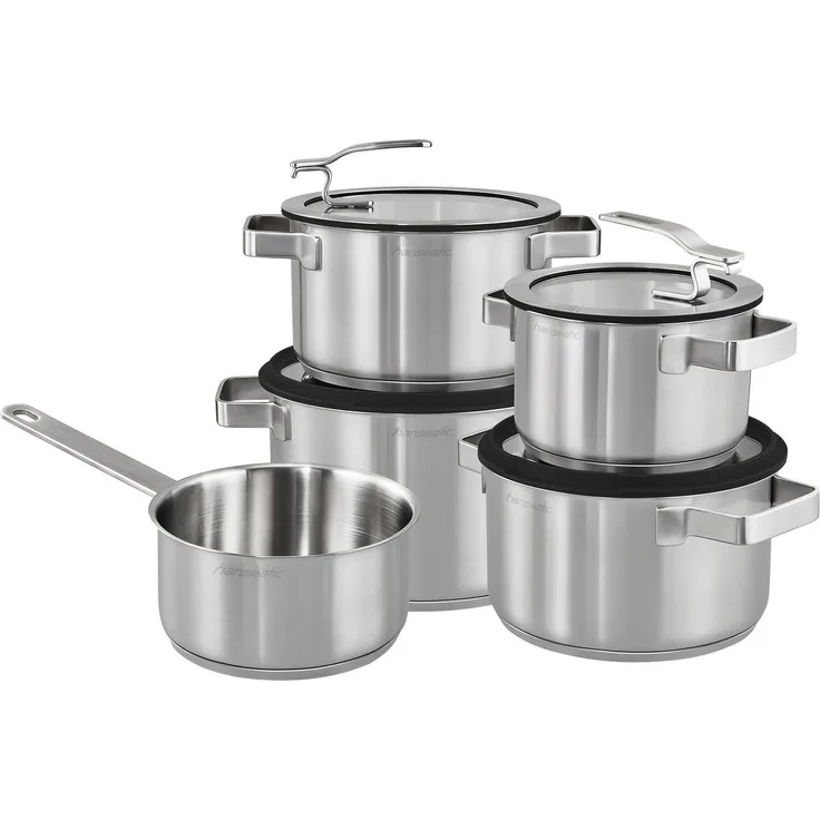 Hanseatic Topf-Set STYLE, Edelstahl 18/10 (Set, 9-tlg, Fleischtopf 1x 16 cm / 2x 20 cm / 1x 24 cm, Stielkasserolle 16 cm), Deckel mit praktischer Aufhänge-Funktion, Induktion