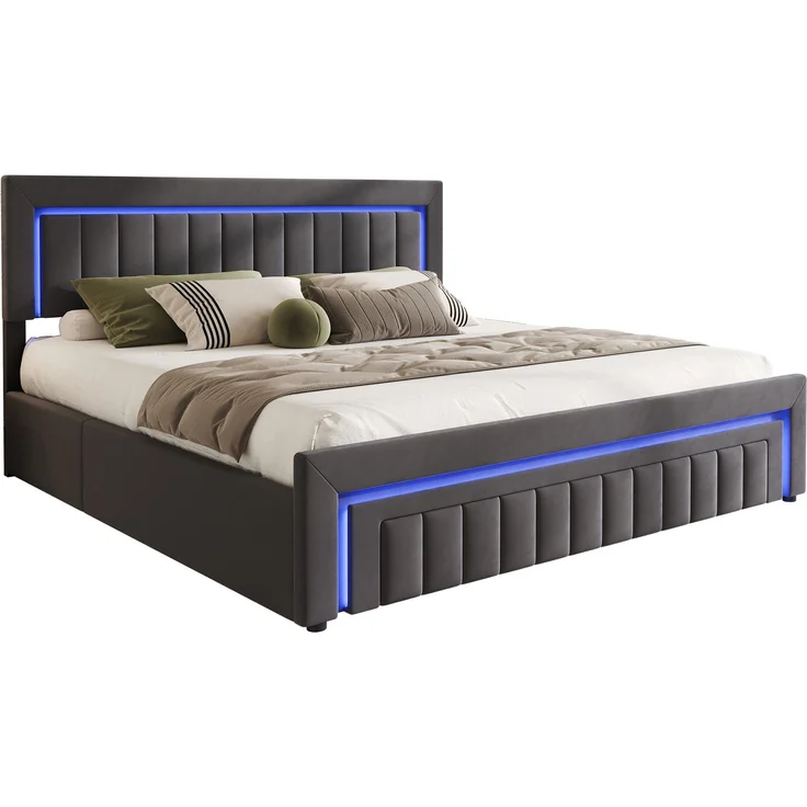Polsterbett 160x200 cm mit LED-Beleuchtung, Samtbezug und Schubladen, Dunkelgrau – Ohne Matratze – Bild 10