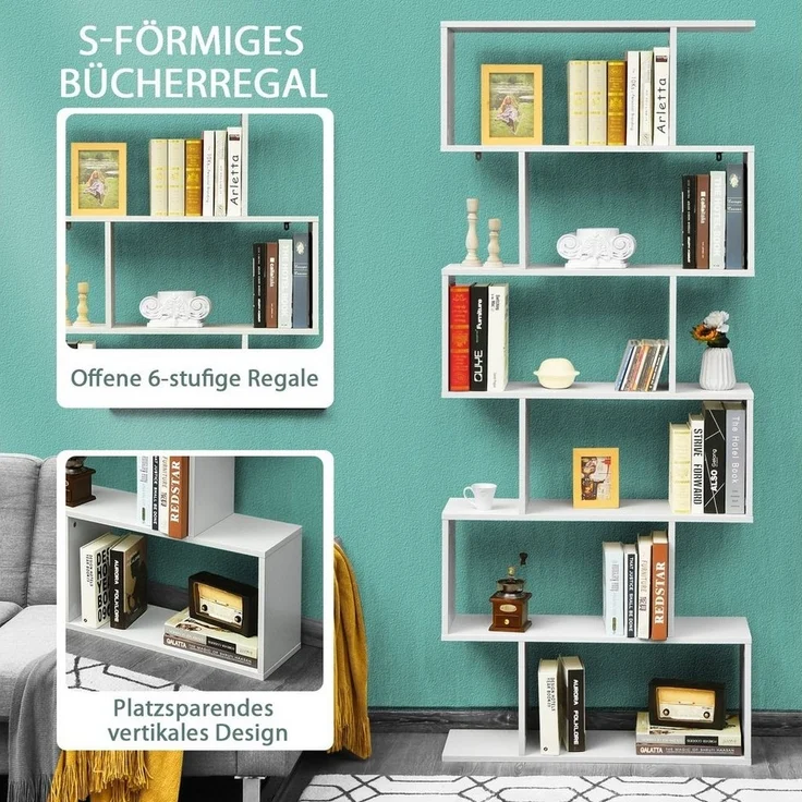 COSTWAY Bücherregal Holz, Standregal mit 6 Ebenen, Aktenregal für Pflanzen & Bücher, Wandregal inkl. Befestigungsmaterial, Aufbewahrungsregal S-Form, Büroregal Farbwahl (weiß) – Bild 2