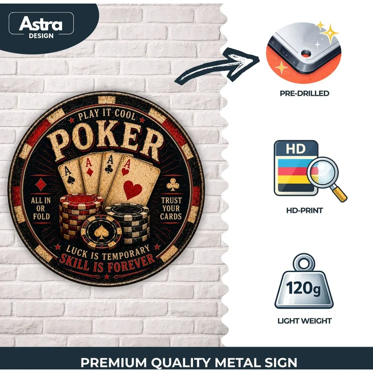 AstraDesign Blechschild Rund 30cm - Poker Spielkarten & Casino Chips Retro Wanddeko – Metall – Mehrfarbig – RD0001 – Bild 3