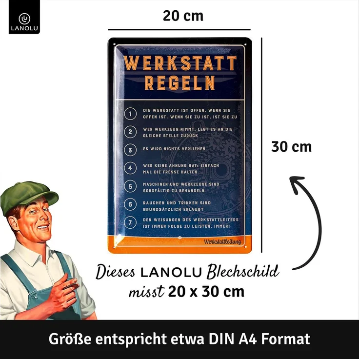 LANOLU Blechschild Werkstattregeln blau - 20x30cm – Metall – Marineblau – 20110 – Bild 5