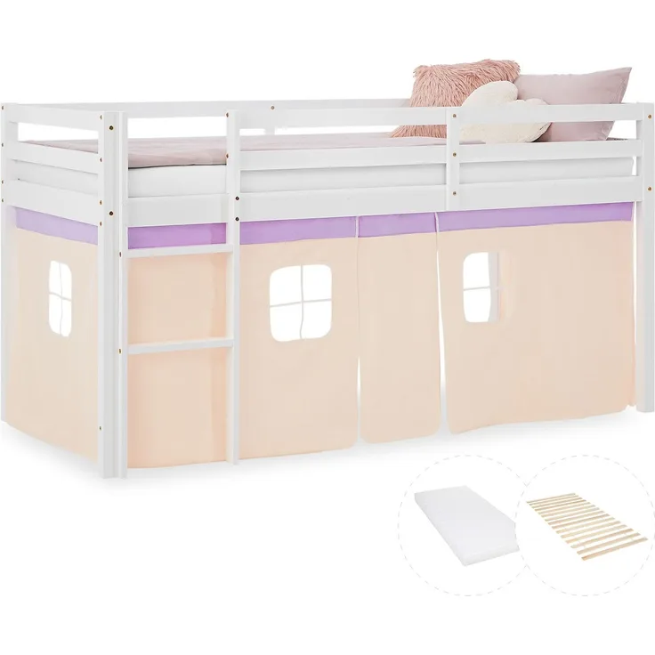 Hochbett Kinder 90x200 cm mit Matratze Kinderbett Kinderhochbett Stockbett Vorhang Lila Beige Holz Massiv Lattenrost