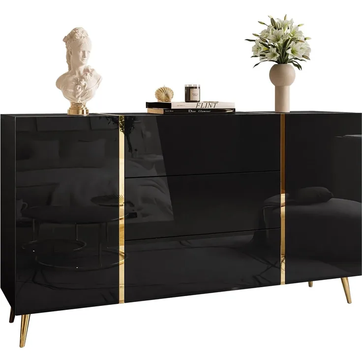 Lookway Kommode ONYX goldene Beine Hochglanz Push-Open / Goldgriffe 158 cm