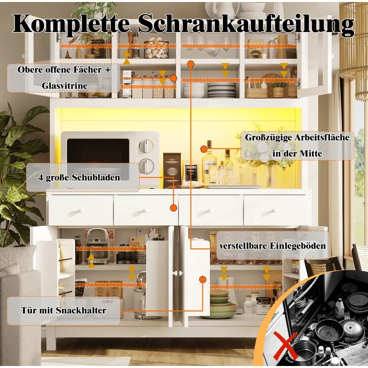 Hochbuffetschrank 140 x 38,5 x 180 cm mit Glastüren, 4 Schubladen und RGB-LED – MDF in Weiß – Bild 8