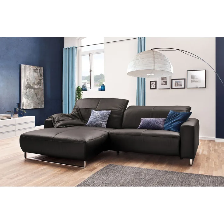 KAWOLA Sofa YORK Leder Life-line grey Rec links Fuß Metall Chrom matt 85 x 111 x 284 cm